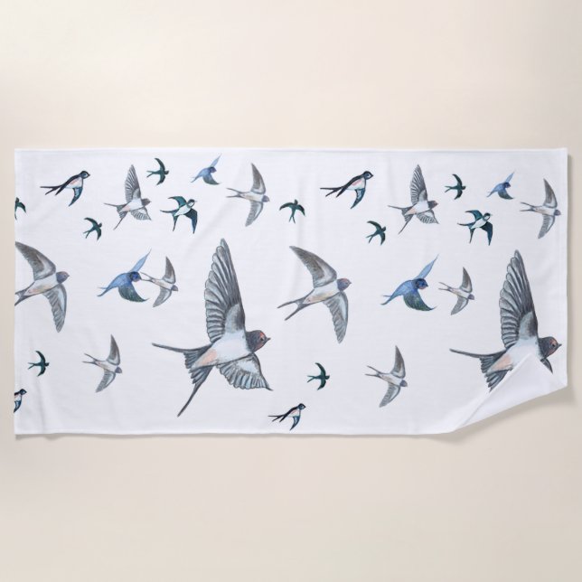 Flock Of Flying Swallow Birds Illustration Beach Towel (Front)