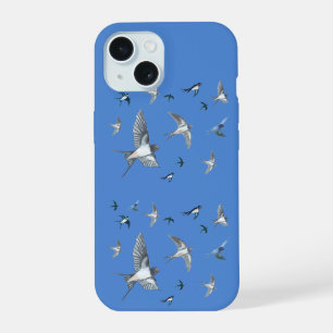 Flock Of Flying Swallow Birds Illustration Blue iPhone 15 Case