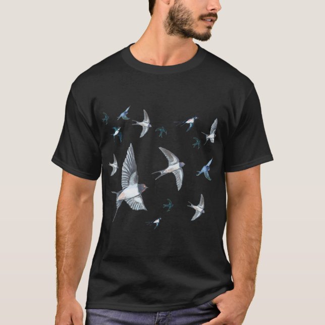 Flock Of Flying Swallow Birds Illustration T-Shirt (Front)