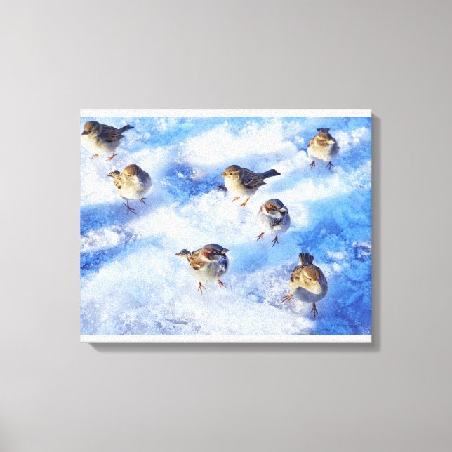 Flock of House Sparrows 'Passer domesticus' on Canvas Print (Front)