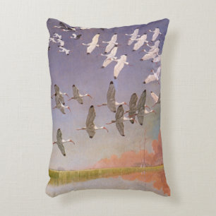 Flock of Ibis Flying Over Wetlands, Vintage Birds Decorative Cushion