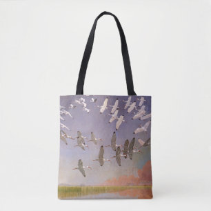 Flock of Ibis Flying Over Wetlands, Vintage Birds Tote Bag
