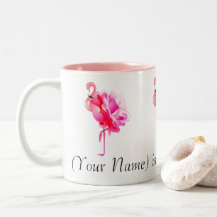 Flock of Pink Flamingos and Roses Custom Name Two-Tone Coffee Mug