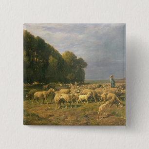 Flock of Sheep in a Landscape 15 Cm Square Badge