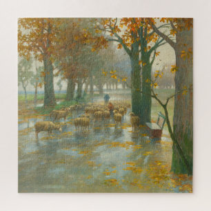 Flock of Sheep with Shepherdess on a Rainy Day Jigsaw Puzzle