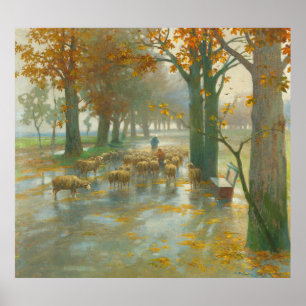 Flock of Sheep with Shepherdess on a Rainy Day Poster