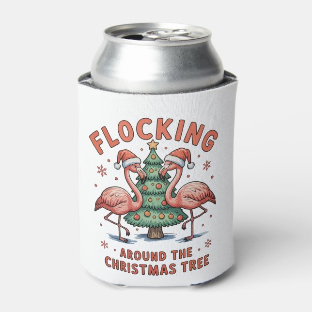 Flocking Around The Christmas Tree Pink Flamingo Can Cooler (Can Front)