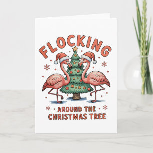 Flocking Around The Christmas Tree Pink Flamingo Card