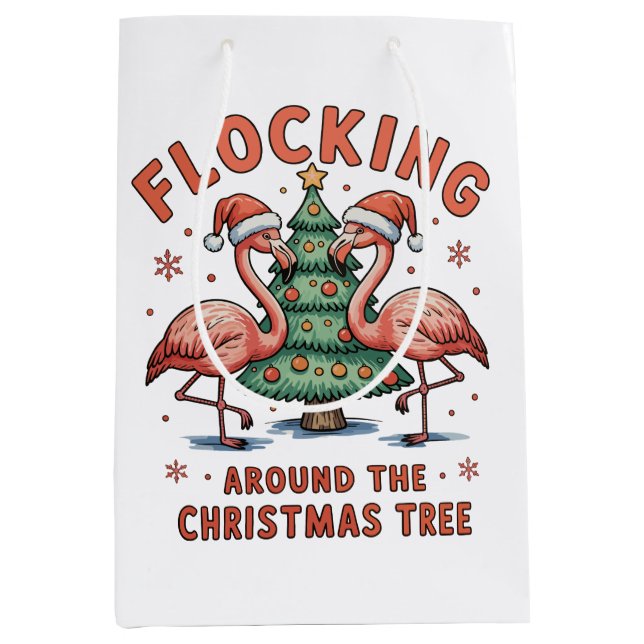 Flocking Around The Christmas Tree Pink Flamingo Medium Gift Bag (Front)