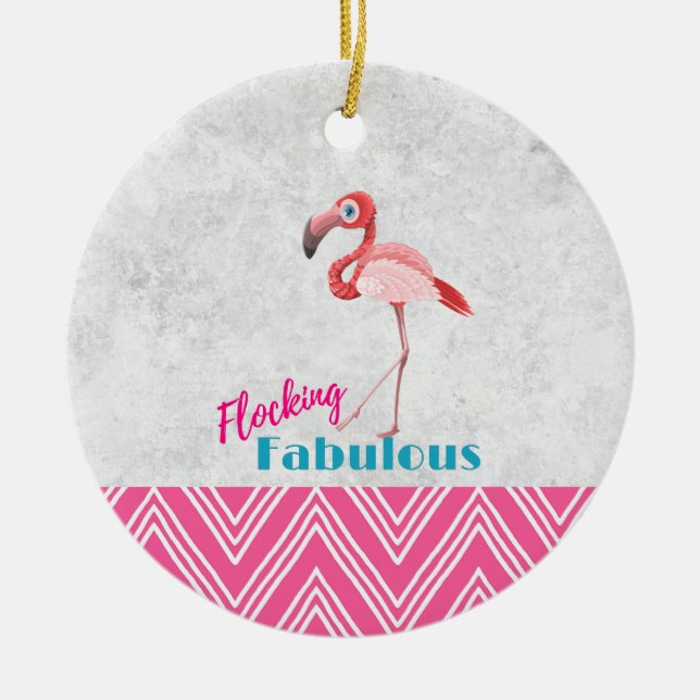 Flocking Fabulous Pun w/ Pink Flamingo Ceramic Tree Decoration (Front)