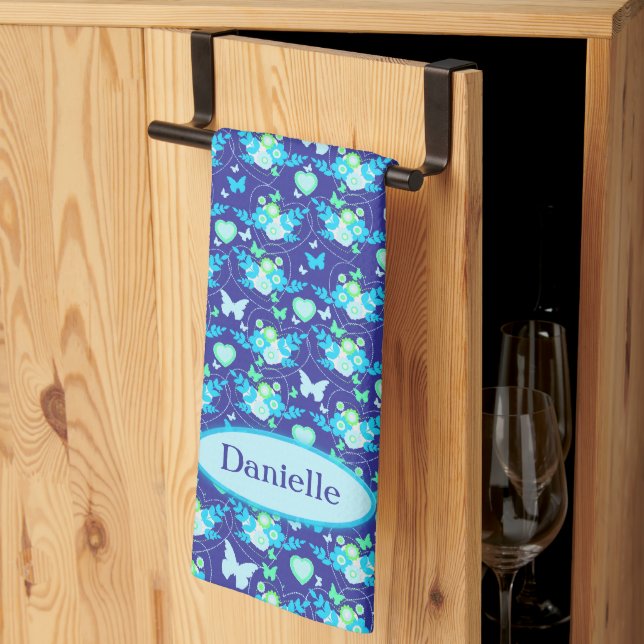 Flora butterflies & hearts blue custom name tea towel (Thirds Fold)