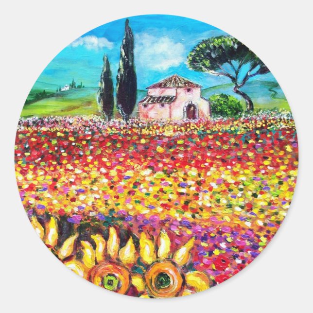 FLORA IN TUSCANY/ Fields ,Poppies and Sunflowers Classic Round Sticker (Front)