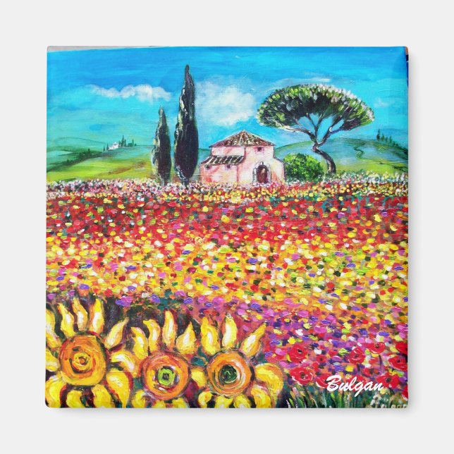 FLORA IN TUSCANY/ Fields ,Poppies and Sunflowers Magnet (Front)