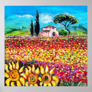 FLORA IN TUSCANY/ Fields ,Poppies and Sunflowers Poster