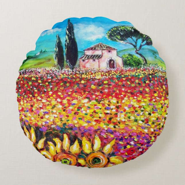 FLORA IN TUSCANY/ Fields ,Poppies and Sunflowers Round Cushion (Front)