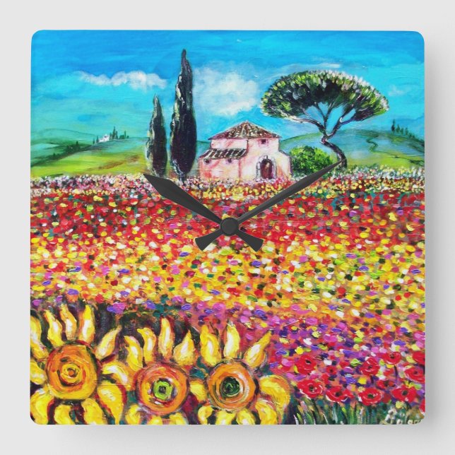 FLORA IN TUSCANY/ Fields ,Poppies and Sunflowers Square Wall Clock (Front)