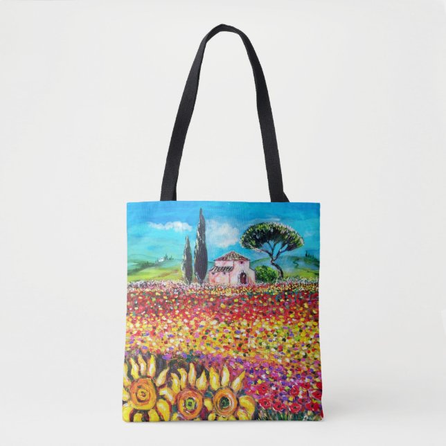 FLORA IN TUSCANY LANDSCAPE Poppies and Sunflowers Tote Bag (Front)