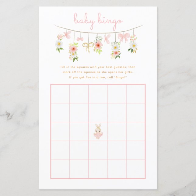 Flora Rabbit Ballerina Baby Shower Bingo Game (Front)