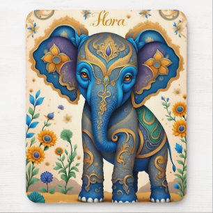 FLORA ~ Sweet Blue Decorated Elephant ~ Mouse Pad