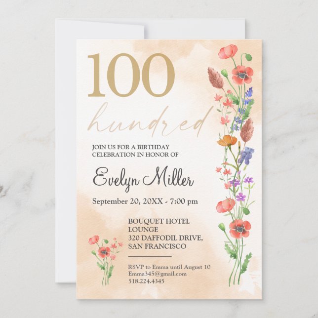 Floral 100th Birthday – Golden Wildflowers Design Invitation (Front)