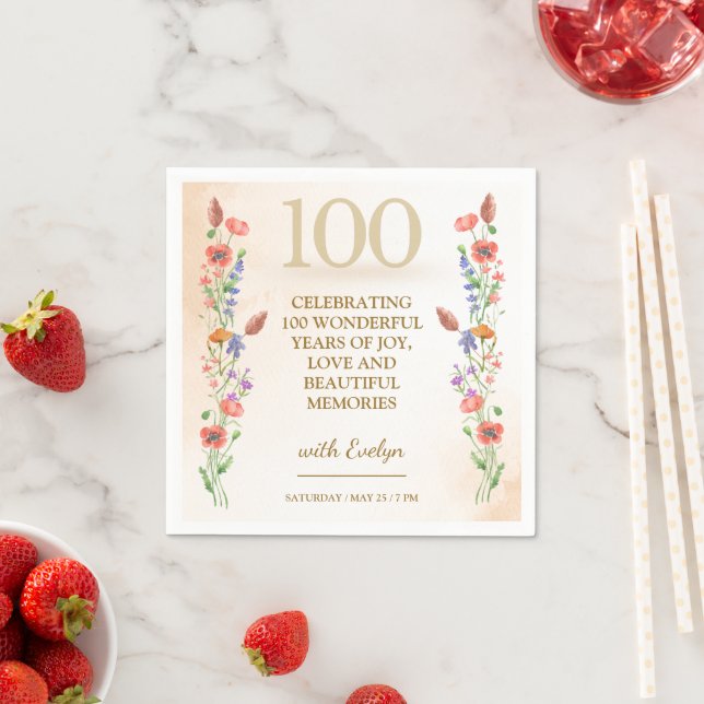 Floral 100th Birthday – Golden Wildflowers Design Napkin (Insitu)