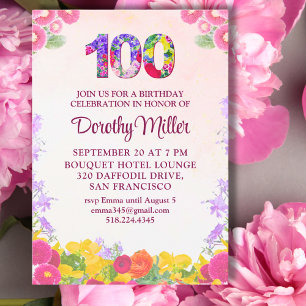 Floral 100th Birthday Invitation -  Elegant 100 Postcard