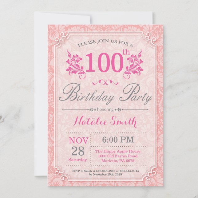 Floral 100th Birthday Invitation Pink for Women (Front)