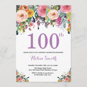 Floral 100th Birthday Invitation Purple