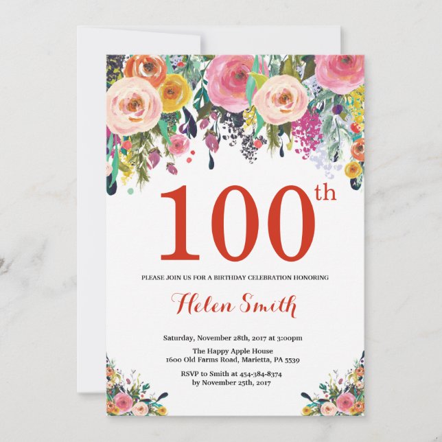 Floral 100th Birthday Invitation Red (Front)