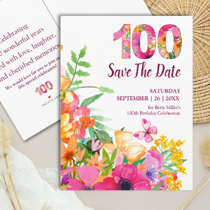 Floral 100th Birthday Save the Date Butterfly Announcement Postcard