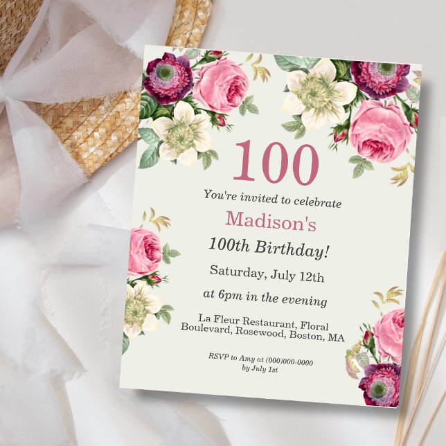 Floral 100th Budget Birthday Invitation (Creator Uploaded)