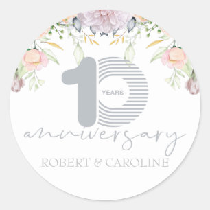 Floral 10th Wedding Anniversary Personalised Classic Round Sticker