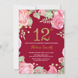 Floral 12th Birthday Gold Glitter Burgundy Red Invitation