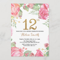 Floral 12th Birthday Invitation Gold Glitter