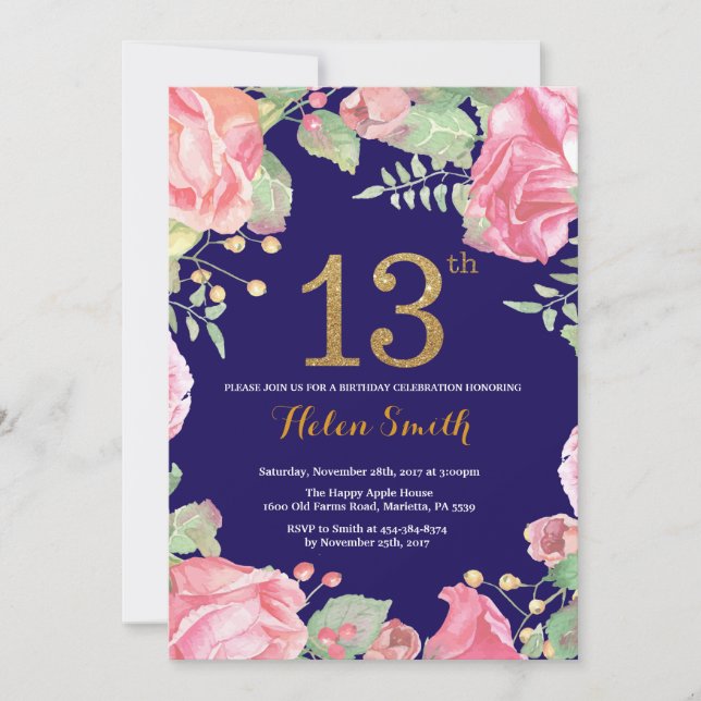 Floral 13th Birthday Gold Glitter Navy Blue Invitation (Front)