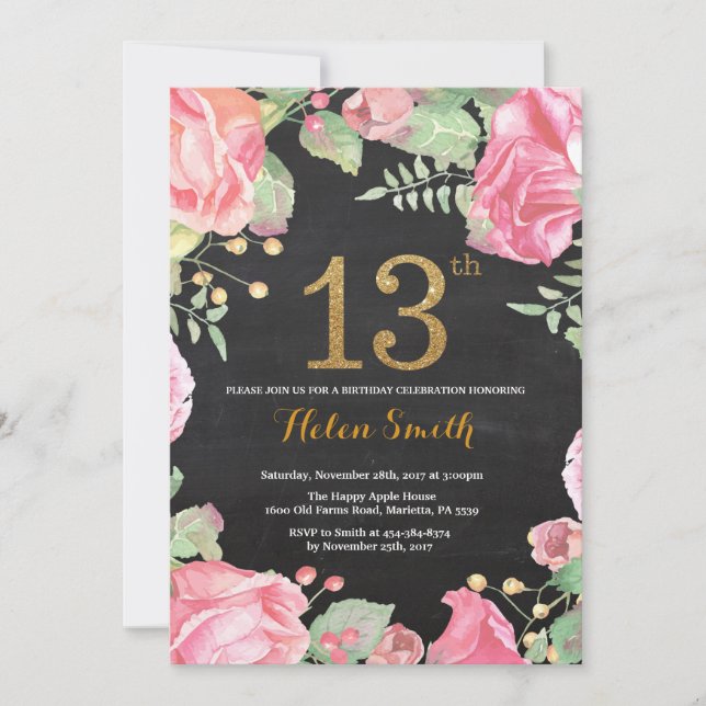 Floral 13th Birthday Invitation Gold Glitter (Front)