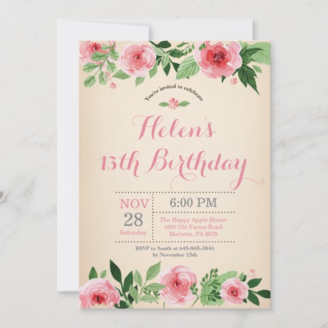 Floral 13th Birthday Invitation Pink Watercolor (Front)