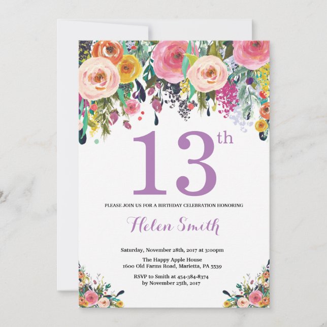 Floral 13th Birthday Invitation Purple (Front)