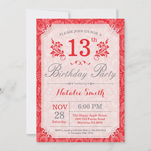 Floral 13th Birthday Invitation Red for Women (Front)