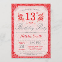 Floral 13th Birthday Invitation Red for Women
