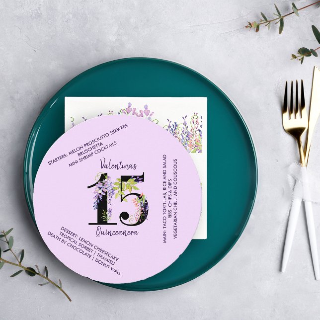Floral 15 Purple Wisteria Quinceanera Birthday Menu (15th Birthday Menu from my Purple Wisteria Quinceanera Collection)