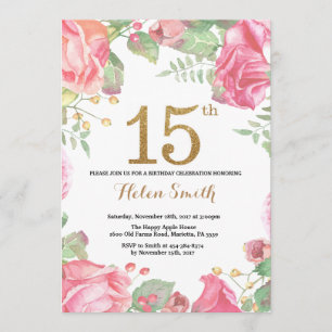 Floral 15th Birthday Invitation Gold Glitter