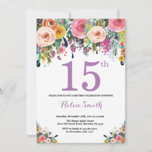 Floral 15th Birthday Invitation Purple