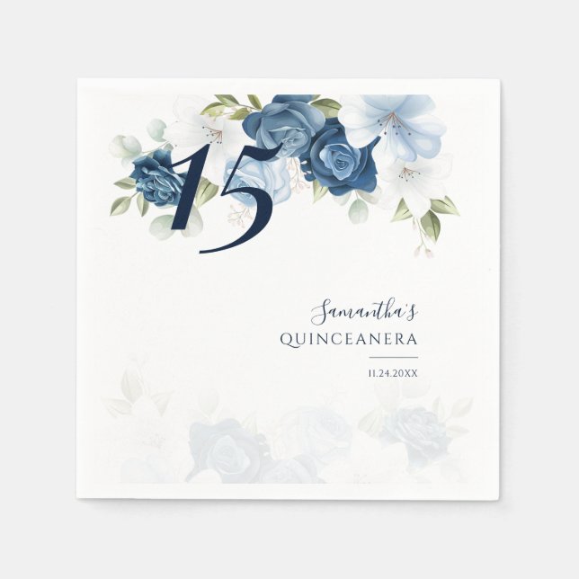 Floral 15th Birthday Quinceanera Dusty Blue Paper Napkin (Front)