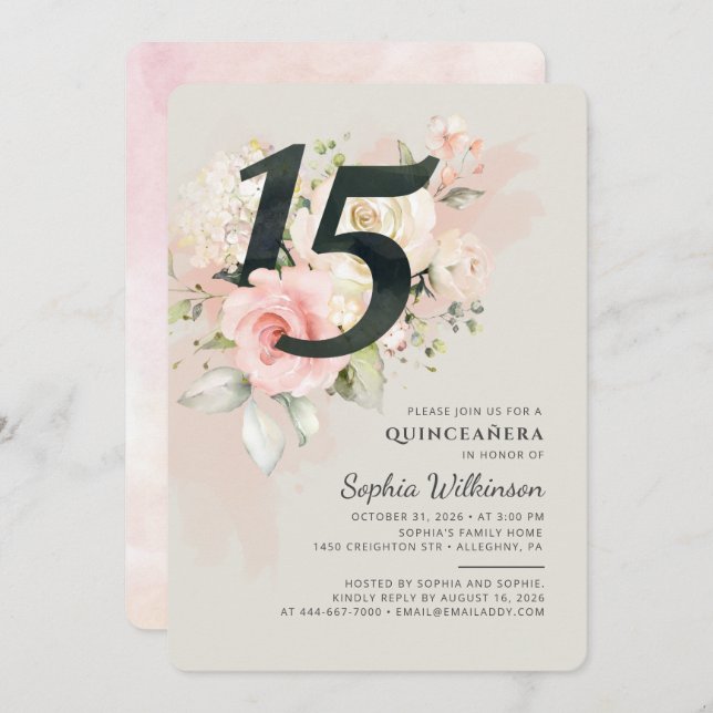 Floral 15th Birthday Quinceanera Script Watercolor Invitation (Front/Back)