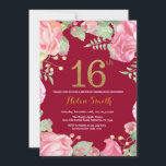 Floral 16th Birthday Gold Glitter Burgundy Red Invitation<br><div class="desc">Floral 16th Birthday Invitation for Women. Watercolor Botanical Floral Flower. Gold Glitter. Burgundy Red Background. Pink Peonies Floral Flowers. Kids Girl Lady Birthday. For further customisation,  please click the "Customise it" button and use our design tool to modify this template.</div>