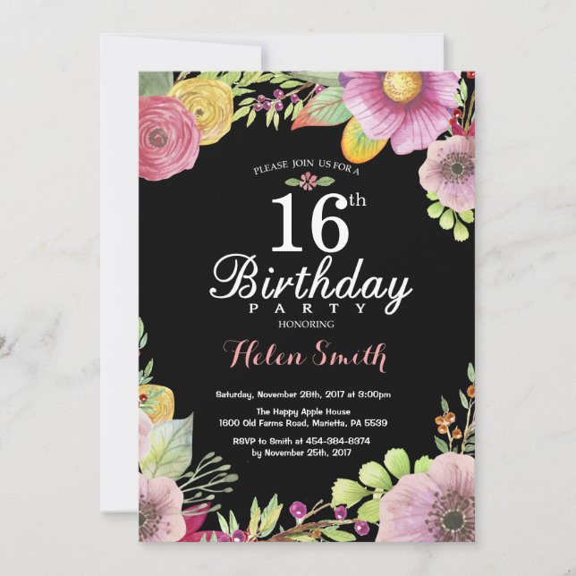 Floral 16th Birthday Invitation for Women (Front)