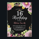 Floral 16th Birthday Invitation for Women<br><div class="desc">Floral 16th Birthday Invitation for Women. Watercolor Floral,  Pink,  black chalkboard background. 13th 16th 18th 21st 30th 40th 50th 60th 70th 80th 90th 100th. Any Age. For further customisation,  please click the "Customise it" button and use our design tool to modify this template.</div>