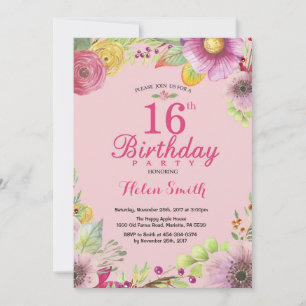 Floral 16th Birthday Invitation for Women Pink