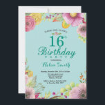 Floral 16th Birthday Invitation for Women Teal<br><div class="desc">Floral 16th Birthday Invitation for Girl. Watercolor Floral,  Teal Aqua Turquoise Background. For further customisation,  please click the "Customise it" button and use our design tool to modify this template.</div>